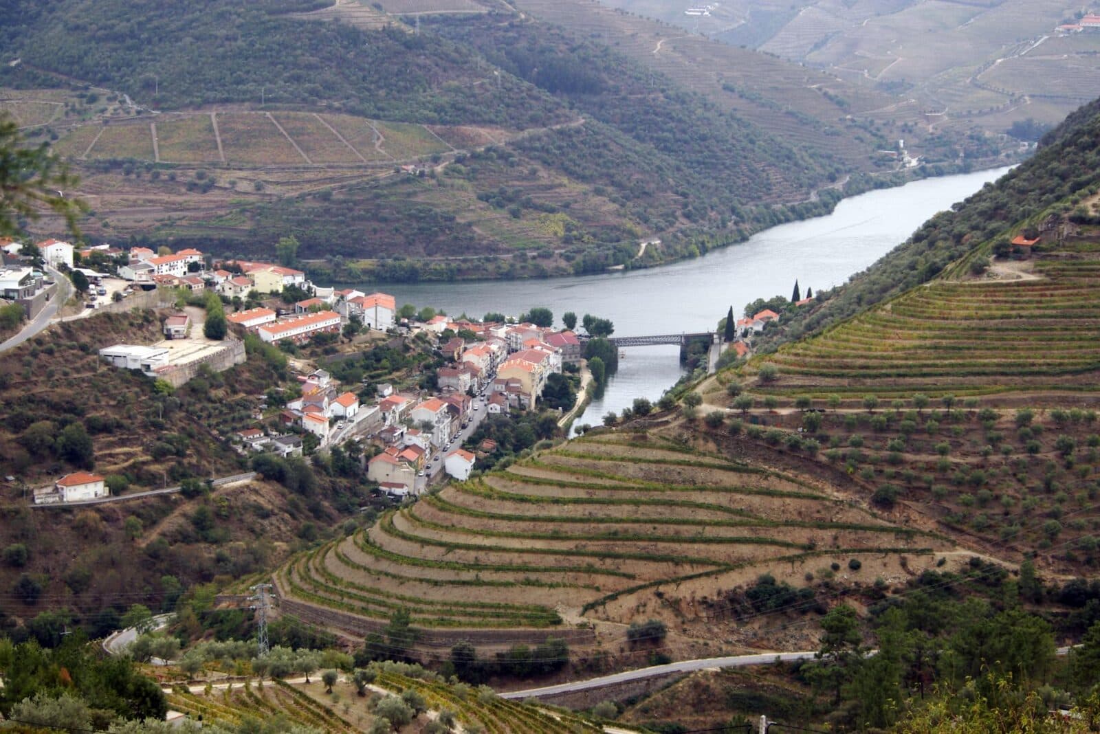 Vale do Douro com a vila do Pinhão junto ao rio, a ponte e as encostas de vinha em socalcos
