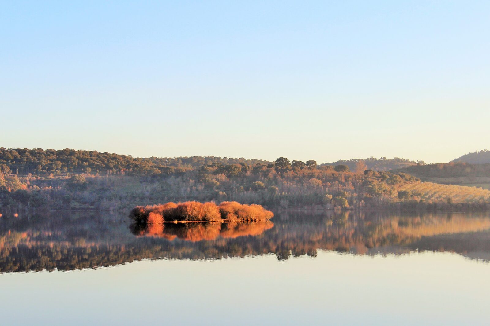 Pôr-do-sol de Inverno na albufeira do Azibo, com a margem arborizada e uma pequena ilha em tons de laranja reflectidas na água parada