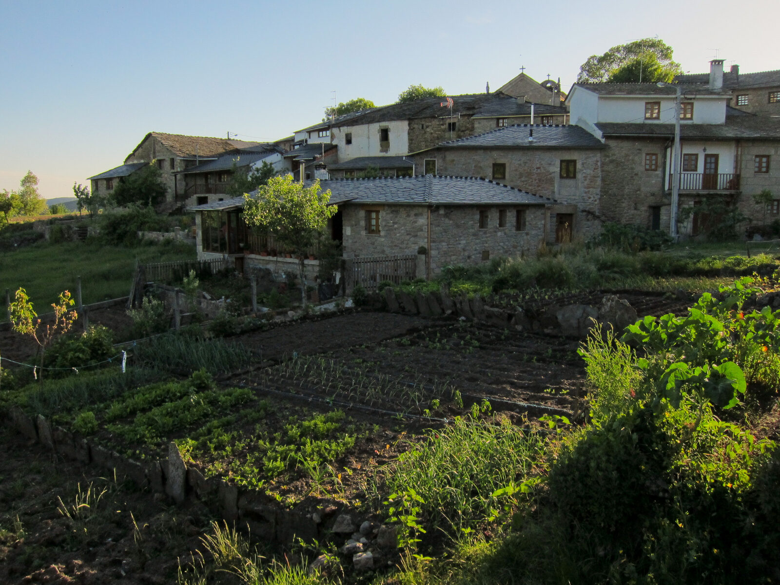 Casas de granito com telhados de lousa na aldeia de Montesinho, com hortas em primeiro plano