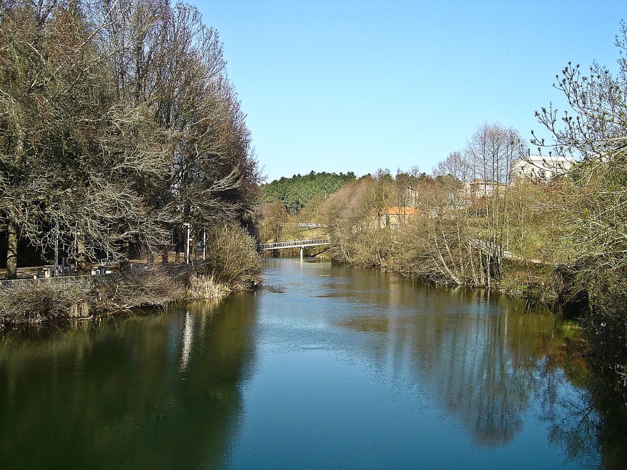 O rio Corgo em Vila Real, com árvores nas margens e uma ponte pedonal ao fundo